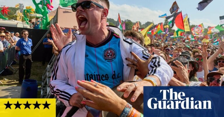 Kneecap at Glastonbury review – sunkissed good vibes are banished by rap trio’s feral, furious flows | Glastonbury 2025
