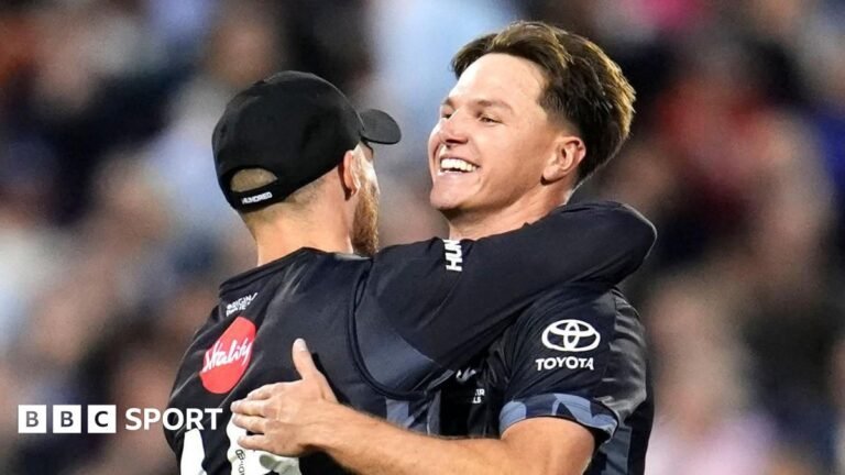 Sonny Baker celebrates wicket