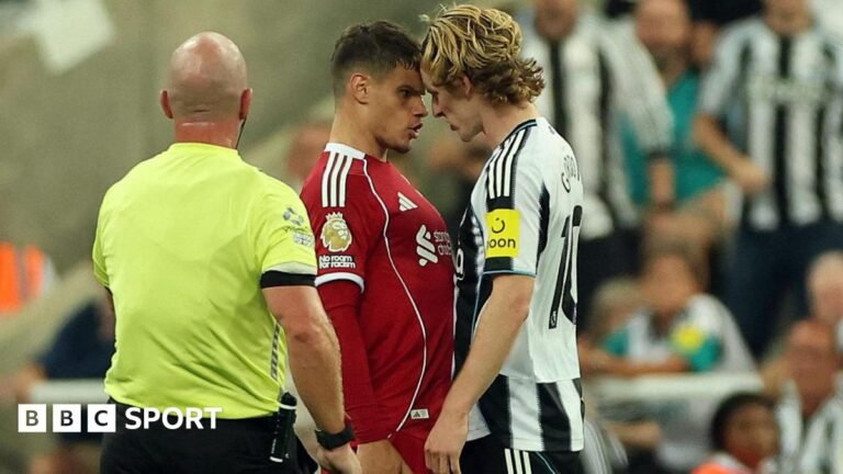 Newcastle's Anthony Gordon, who was sent of for a foul on Virgil van Dijk, squares up to Liverpool's Milos Kerkez