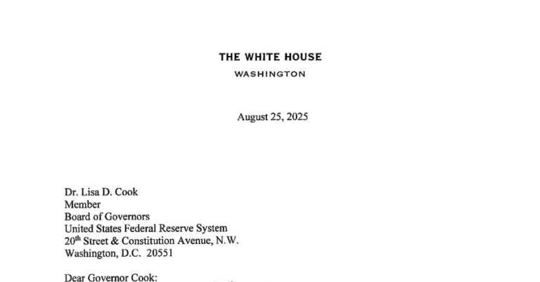 Read Trump’s Directive Firing Lisa Cook From Fed Role