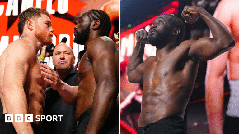 Canelo Alvarez and Terence Crawford pose for pictures side by side at a weigh-in